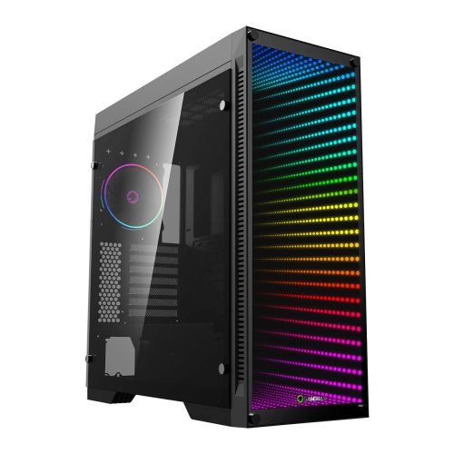 GameMax Abyss ARGB Gaming Case w/ Glass Window, E-ATX, Infinity Mirror ARGB Front, Rear RGB Fan, ARGB PWM Hub, LED Buttons, Black