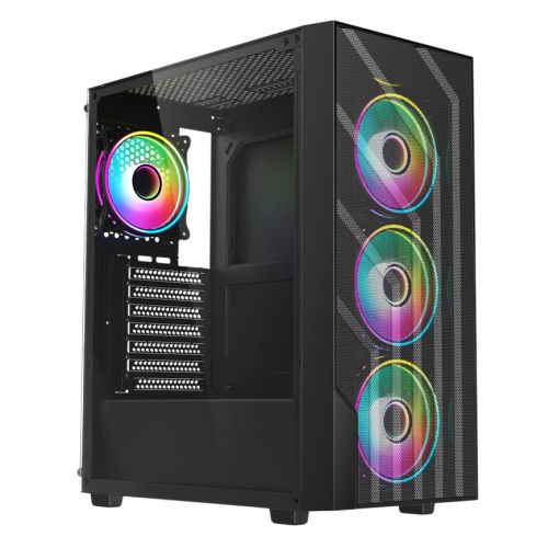 Vida Sirocco Black ARGB Gaming Case w/ Glass Window, ATX, 4x ARGB Fans, Mesh Front