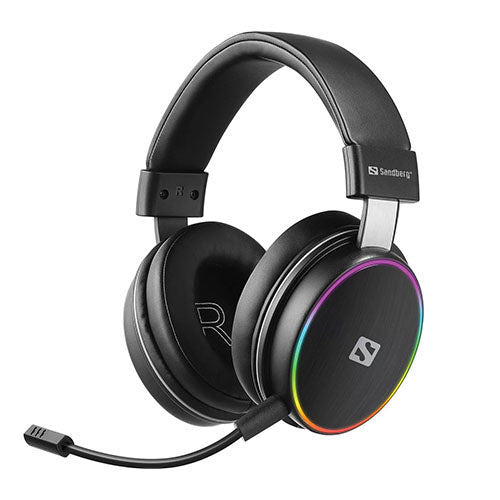 Sandberg HeroBlaster Wireless Gaming Headset, Bluetooth 5.1/3.5mm Jack, Detachable Mic, Multi-Colour LED lights, 5 Year Warranty